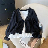 Aesthetic Patchwork Bow Tie Long Sleeve Blouse-Outfit