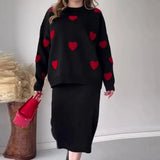 Set Women Two Piece Sets Round Neck Full Sleeve Print Sweaters Knitted Tops Mid Length Skirts Loose Casual Splice-Outfit
