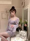 Sexy Dresses Women Bandage Square Collae Pile Up Sleeve Drawstring Solid Slim Elegant Mini Dress Ladies Vintage Fashion-Outfit