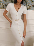 Multi-Clause Dress Knitted Solid-Colored Short-Sleeved Retro Elegant Knitted-Up-Buttoned Dress