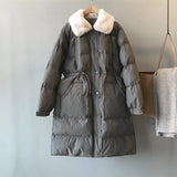 New women's winter down jacket faux rabbit fur collar long drawstring slim zipper ladies chic coat loose oversize outwear