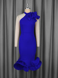 Half-High Collar Lotus Leaf-Side Dress Sided Shoulder Lotus Hem Banquet Evening Dress