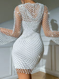 Toloer Diamond Flash Dress Sexy Hollow V Neck Hooded Long Sleeve Hip Dress