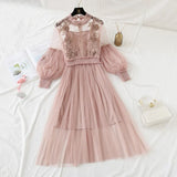 New Women Fashion Dress Stand Collar Lantern Sleeve Mesh Dress See-through Lace Embroidery Fairy Dress Femme Vestidos