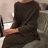 2022 Autumn Winter 2 Pieces Women Sets Knitted Tracksuit O-Neck Split Sweater and Wide Leg Jogging Pants Pullover