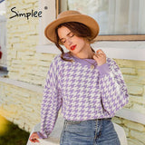 Simplee Women geometric khaki knitted sweater women casual Houndstooth lady pullover sweater female Autumn winter retro