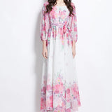 Holiday Style Dress 2025 New One-Word Shoulder Strap With Waist Lantern Sleeve Print Chiffon Long Dress