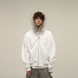 Selling Vintage Fur Collar Couple Hooded Zip Open-Air Jacket Oversize Design Niche