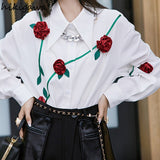 Women 3D Floral Temperament Tops Office Lady Korean Fashion Loose Shirts 2023 Blusas Mujer De Moda Sweet White