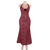 Red Lace Flower Halter Mermaid Style Maxi Dress-Outfit