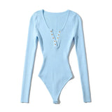 Solid Knitted Bodycon Bodysuits Women Long Sleeve Home Jumpsuit Lady Sheath Sexy Body Suit Spring Combinaison