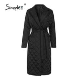 Simplee Long straight winter coat with rhombus pattern Casual sashes women parkas Deep pockets tailored collar stylish