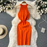 Style Knit Women Dress 2022 Summer Retro Vacation Elegant Ladies Slim A Line Sexy Solid Temperament