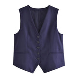 Toloer 2023 Summer V-Neck Solid Color Single Breasted Vest High Waist Wide-Leg Pants Shorts Set 9ZS2251-Outfit