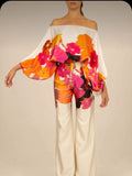 Set Chic Print Lantern Sleeve Two Piece Sets Satin Top Wide Leg Pant Suit Women Off Shoulder Long Sleeve Office Lady Outfit-Outfit