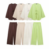 Summer New Women's Casual V-Neck Bow Tie And Suit Top Straight Trousers