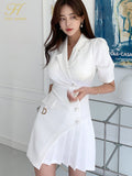 Han Queen Elegant Fashion White Office Pencil Dress Women Summer Sheath Button Pleated Dresses Simple Slim Work Party Vestidos-Outfit