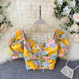 Short Blouses Women Fashion Sexy Bandage Crop Top Summer Vintage Gothic Shirt Ladies Flower Print Top