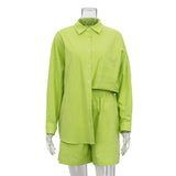 Toloer New Solid Color Single Breasted Long Sleeve Lapel Shirt Shorts Loose Fashion Casual Suit-Outfit