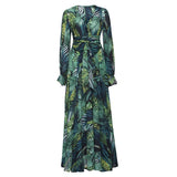 Spring Summer New Women's Dress V Collar Lantern Sleeve Red Leaf Print