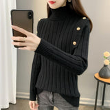Winter Women's Turtleneck Pullover Solid Button Flocking Long Sleeve Screw Thread Sweater Knitted Casual Elegant Tops-Outfit