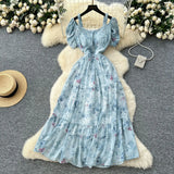 Famous Breeze Mashed Flowers Bubble Sleeves With Dress Women Summer Waist Repair Royal Sister Temperament Beautiful Long