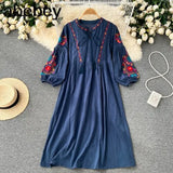 White Boho Vintage Style Hand Embroidered Tunic Mexican Dress Hippie Puebla Retro Hippie Loose
