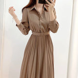 Korea Chic Spring And Autumn New Elegant Temperament Polo Collar Belt Long Folding Shirt Dress