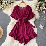Summer New Korean Rompers Women Flared Sleeve Solid Ruffle Wide Leg Short Jumpsuits Casual Vacation Beach