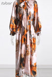 Loose Elegant Dresses For Women Bow Collar Long Sleeve High Waist Folds Print Hit Color Temperament Dress Female