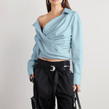 Toloer 2024 New Niche Design Irregular Cross Off-Shoulder Design Sense Long-Sleeved Shirt Women's Simple Top-Outfit