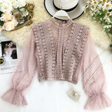 Women Tops Fashion Sexy Sheer Lace Blouse Lantern Sleeve 3D Floral Blouses Shirts Elegant Top Blusas