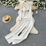 Goods Fashionable Wearing A Famous Man's High-Level Feeling Strapped With A Waist Suit Collar Long-Sleeved Knitted Top High Waist Broad Leg
