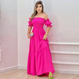 Women's Spring And Summer New Word Shoulder Print Folds Skirt Short Sleeve