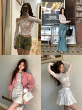 Spicy Girl Lace Diagonal Neck Elegant Long sleeved T-shirt Women Tops Spring Bottoming Shirt Slim Lace Sexy Short Top-Outfit