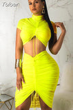 Green Yellow Sexy Two Piece Set Women Turtleneck Short Sleeve Crop Top+ Pleated Bodycon Dress Tracksuit 2 Piece Club