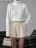 Elegant Beige Faux Leather Shorts Women Wide Leg Short Pants Elegant Flared Shorts High Waist Female PU Shorts
