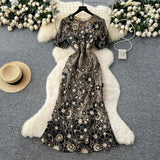 High-End Elegant Heavy Industry Flower Embroidery Round Collar Lantern Sleeves To Close The Waist Slim Slimmed Fishtail Dress