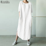 ZANZEA Women O Neck Short Sleeve Sundress Summer Solid Cotton Linen Dress Split Long Vestido Female Robe Casual Party