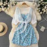 Toloer Small Pure And Fresh Broken Flower Condole Belt Skirt Chiffon Small Shawl Female Summer Two Set