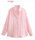 Toloer New Fashion Temperament Lapel Multi-Color Stripe Silk Satin Texture Long Sleeve Loose Shirt Female-Outfit