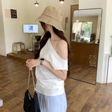 Seam Forked Irregular Shoulder Short-Sleeved T-Shirt Women's New Summer Design Feel Minority Lazy Style Beautiful Blouse-Outfit