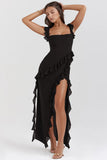 Summer New French Slings Wood Ear Design Picties Open Fork Dress Dress