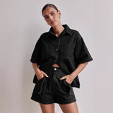 Summer Women's Casual Retro Loose Shirt Denim Shorts Set