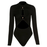 Bodysuit y2k Clothes Bandage Sexy Solid Color Long Sleeve Slim Hollow Out Romper with Metal Ring for Spring Fall 2023-Outfit