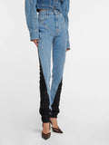Toloer Niche Design 2024 New Middle Waist Contrast Color Splicing Washed Light Color Small Foot Jeans Trousers-Outfit
