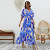 Summer New Elegant Dress V-Neck Print High-Waisted Loose Swing Short-Sleeved Dress
