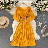 Sweet Solid Women Square Collar Flying Sleeve Ruffle A-line Dresses Summer Boho Chiffon Midi