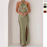 Spring Summer New Women's Sexy Waist Hanging Neck Open Fork Long Color Sleeveless Dress