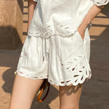 And Summer New French Embroidered White Cotton Set Women's Short-Sleeved Holiday Shorts Set Women's